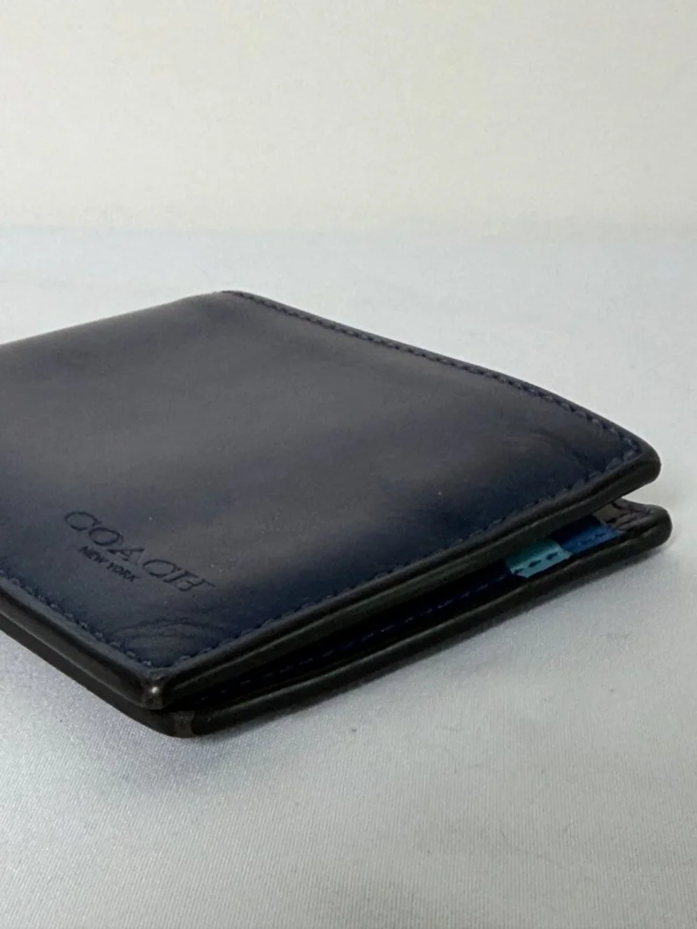COACH Leather Colorblock Slim Billfold Wallet Navy Blue